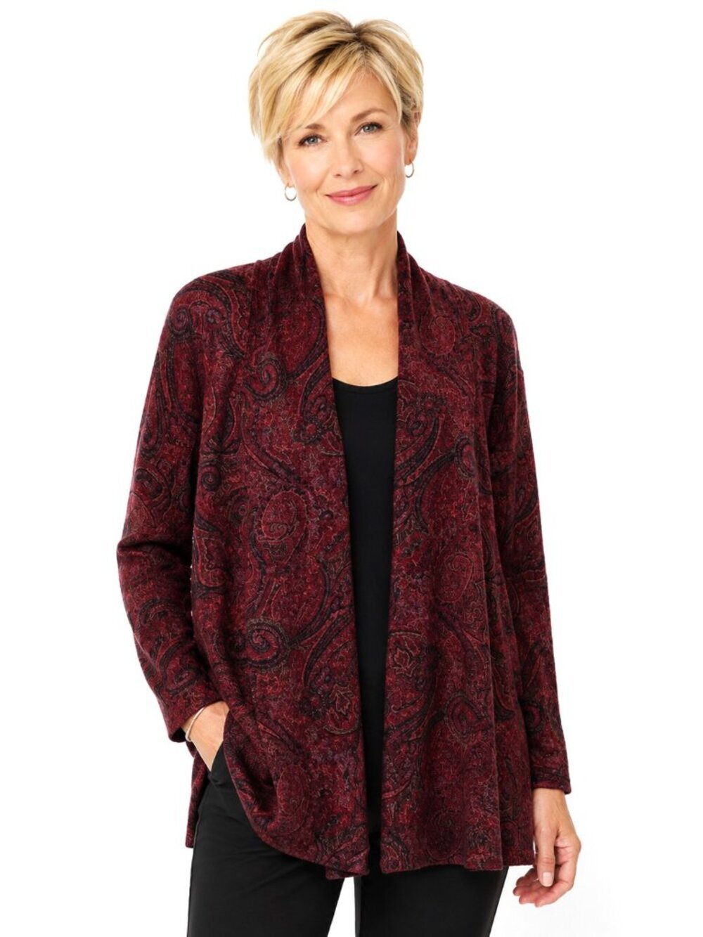 Neiman Marcus Burgundy Red Paisley Print Cashmere Cardigan